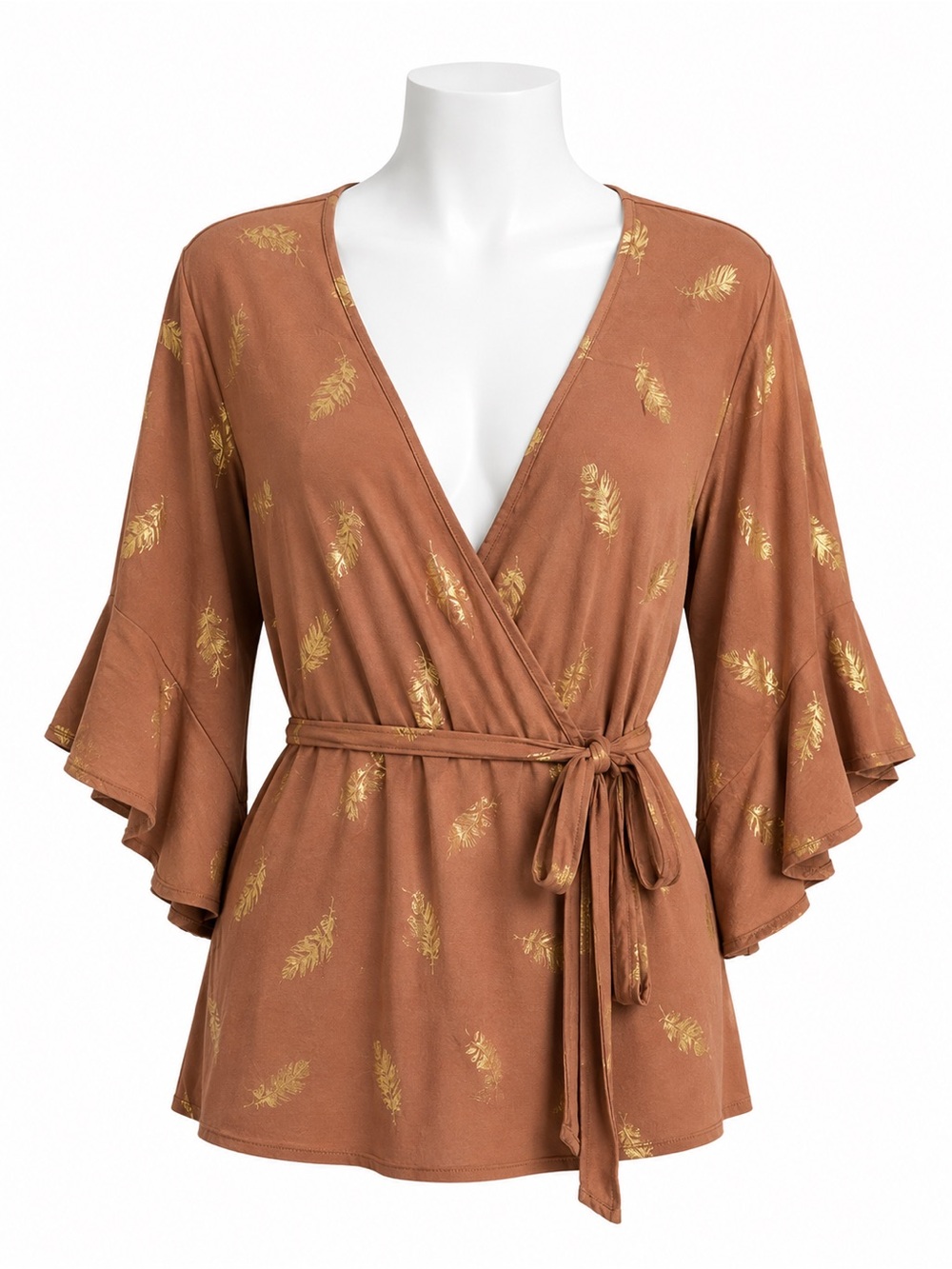 Size 2X Torrid Women’s Gold Feather Wrap Tie Waist Bell Sleeve Top